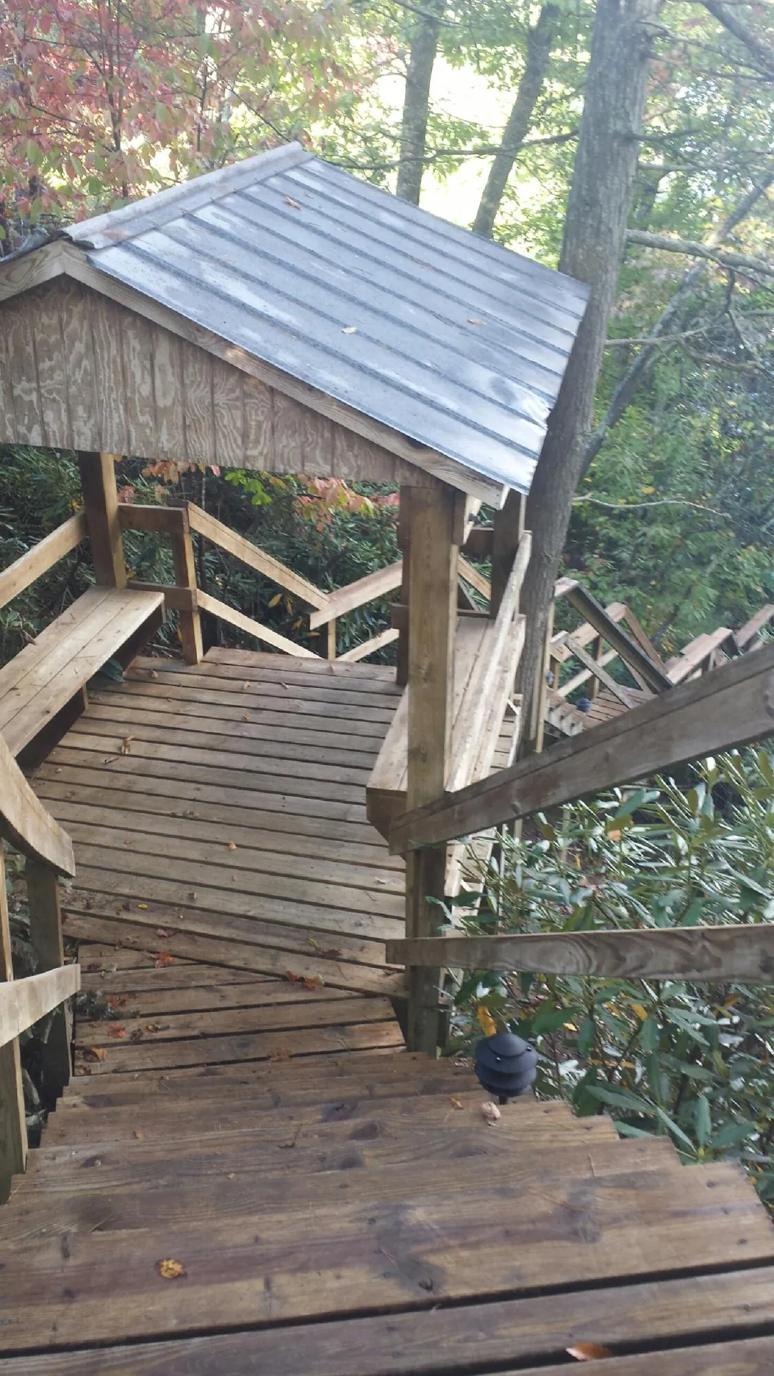 Metal roofed shelter over wooden steps on a wooded walkway — Skylight Repair & Installation work by our crew in Everest
